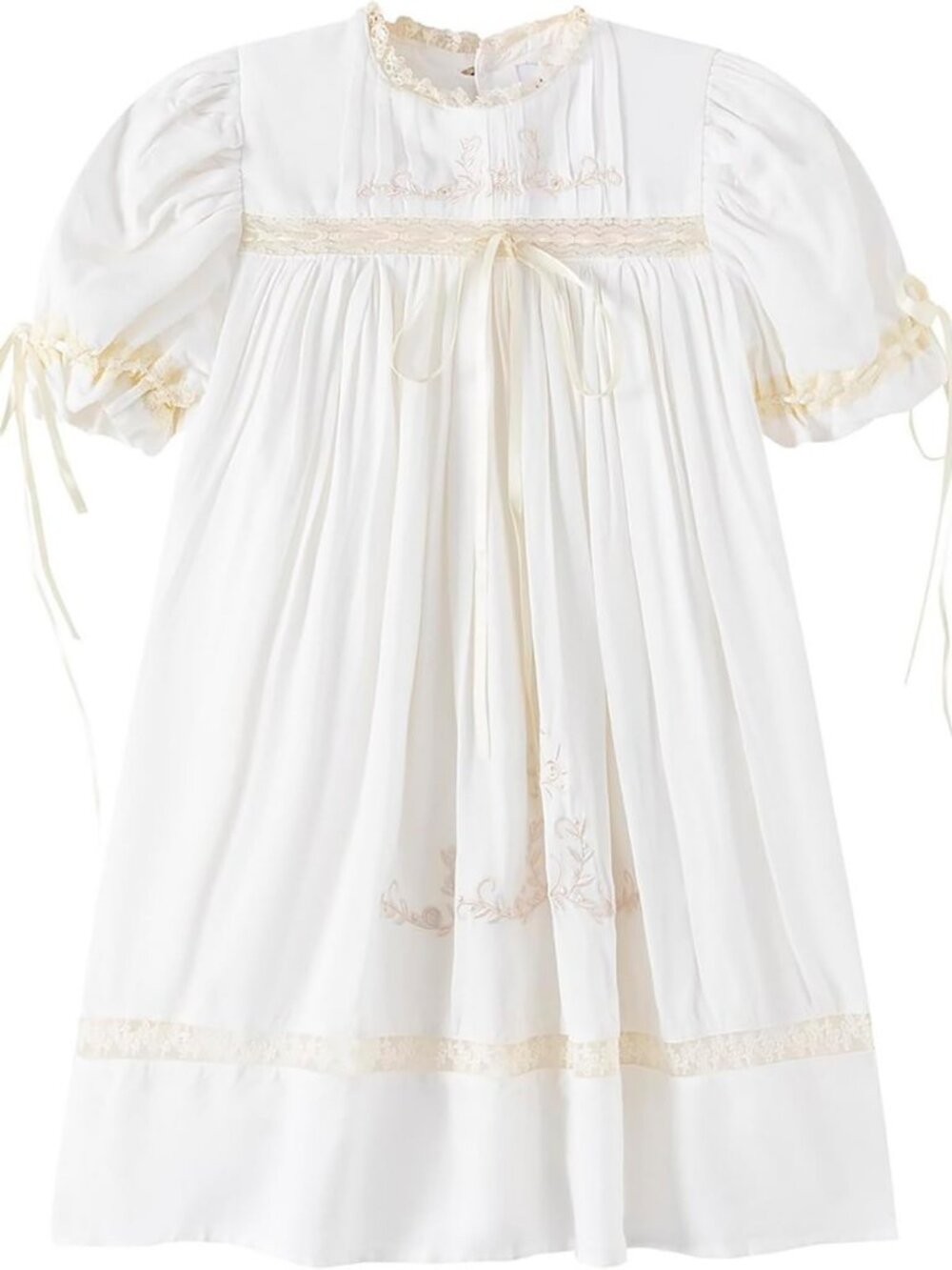 Embroidered Floral Girl Dress with Lace Collar, Puff Sleeves, Cotton Casual Wear